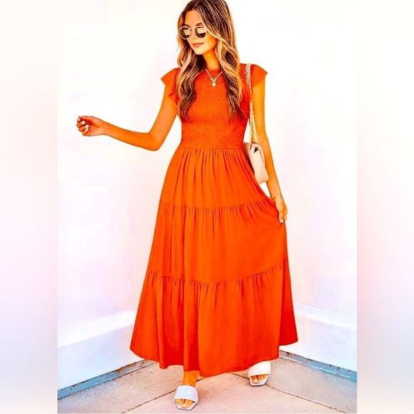 zesica Dresses & Skirts - ZESICA 2025 Summer Casual Flutter Sleeve Smocked Elastic Waist Tiered Midi Dress